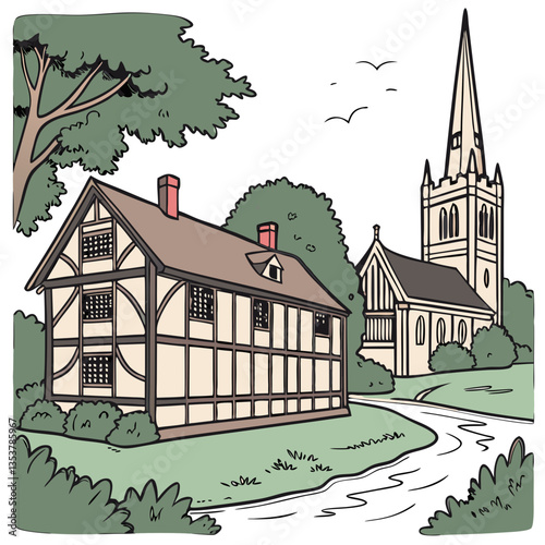 Stratford-upon-Avon England Vector Illustration with Historic Buildings. Literature enthusiasts, Shakespeare-themed content, English countryside