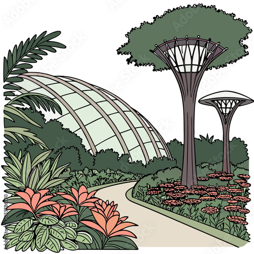 Gardens by the Bay Singapore Vector Illustration with Futuristic Domes. Singapore tourism, eco-friendly themes, cityscape illustrations