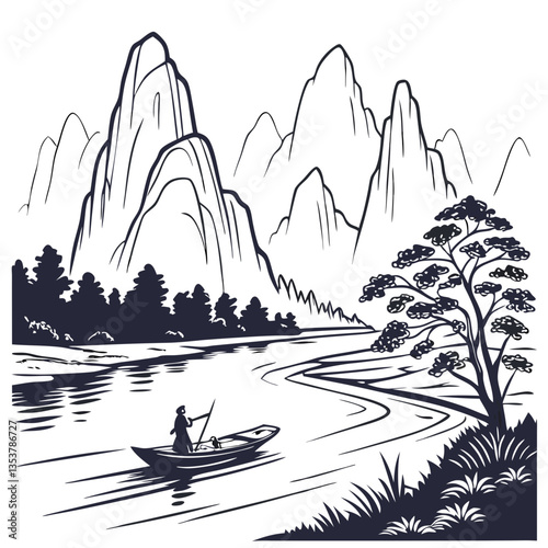 Li River China Vector Illustration with Karst Mountains Reflections. China travel guides, cultural themes, scenic illustrations