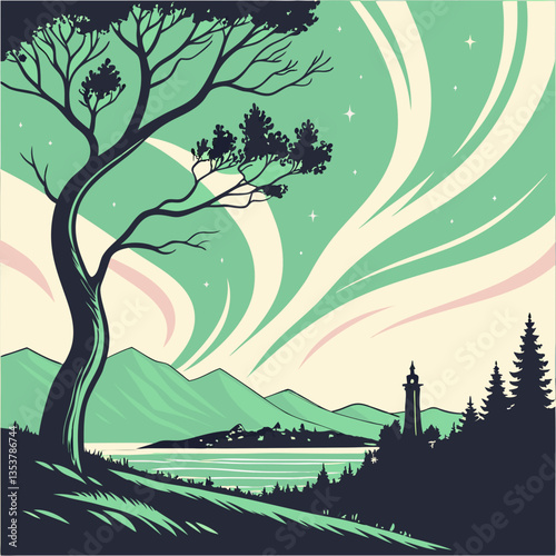 Northern Lights Norway Vector Illustration with Vibrant Auroras. Arctic tourism, nature photography, astronomy blogs