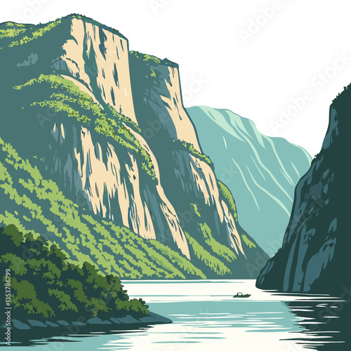 Norwegian Fjords Vector Illustration with Dramatic Cliffs and Blue Waters. Scandinavian travel, cruise promotions, nature photography