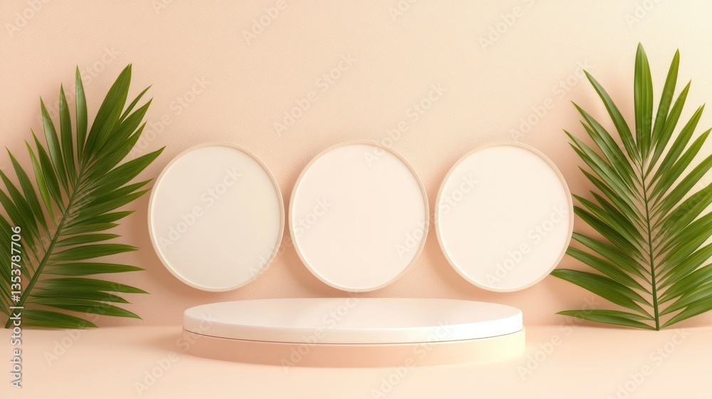 Empty display podium with circular frames and palm leaves Empty display podium with circular frames and palm leaves