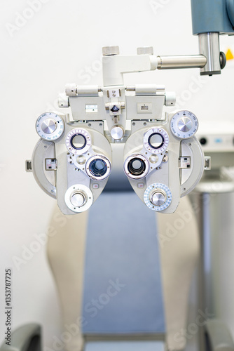 Eye testing phoropter placed in front of patient chair in clinic