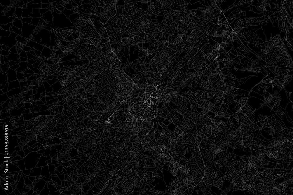 Stylized map of the streets of Sheffield (UK) made with white lines on black background. Top view. 3d render, illustration