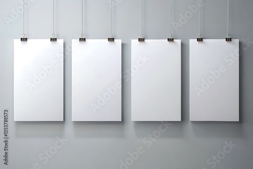 Four white papers hanging on a wall, design, mockup