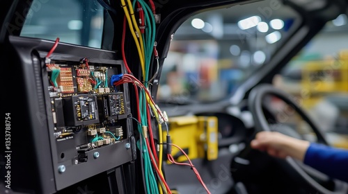 Closeup of Vehicle Wiring Harness and Control Panel Assembly During Automotive Manufacturing Process