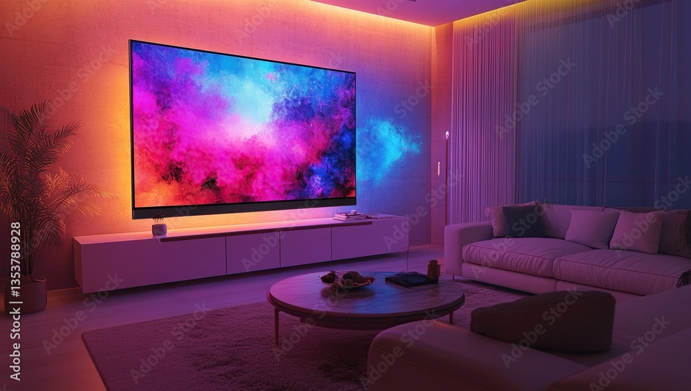 Modern Living Room with Colorful Ambient Lighting and Abstract Art on Large TV Screen Modern Living Room with Colorful Ambient Lighting and Abstract Art on Large TV Screen