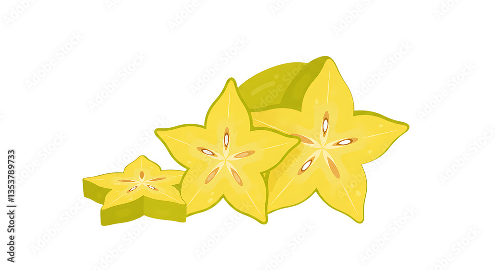 Cut Star Fruit Still Life with Three Slices on White Cut Star Fruit Still Life with Three Slices on White