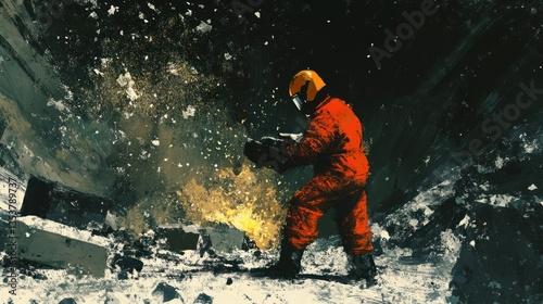 Worker handling explosives in a construction site with protective gear illustration
