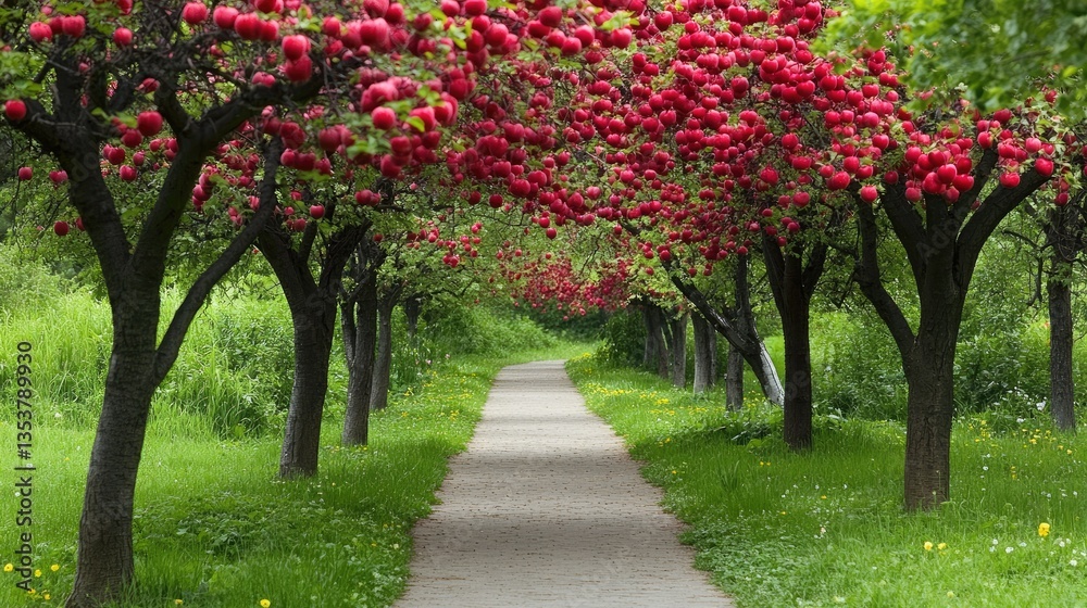 A row of Siberian crab apple trees lining a park walkway, creating a peaceful nature retreat. A row of Siberian crab apple trees lining a park walkway, creating a peaceful nature retreat.