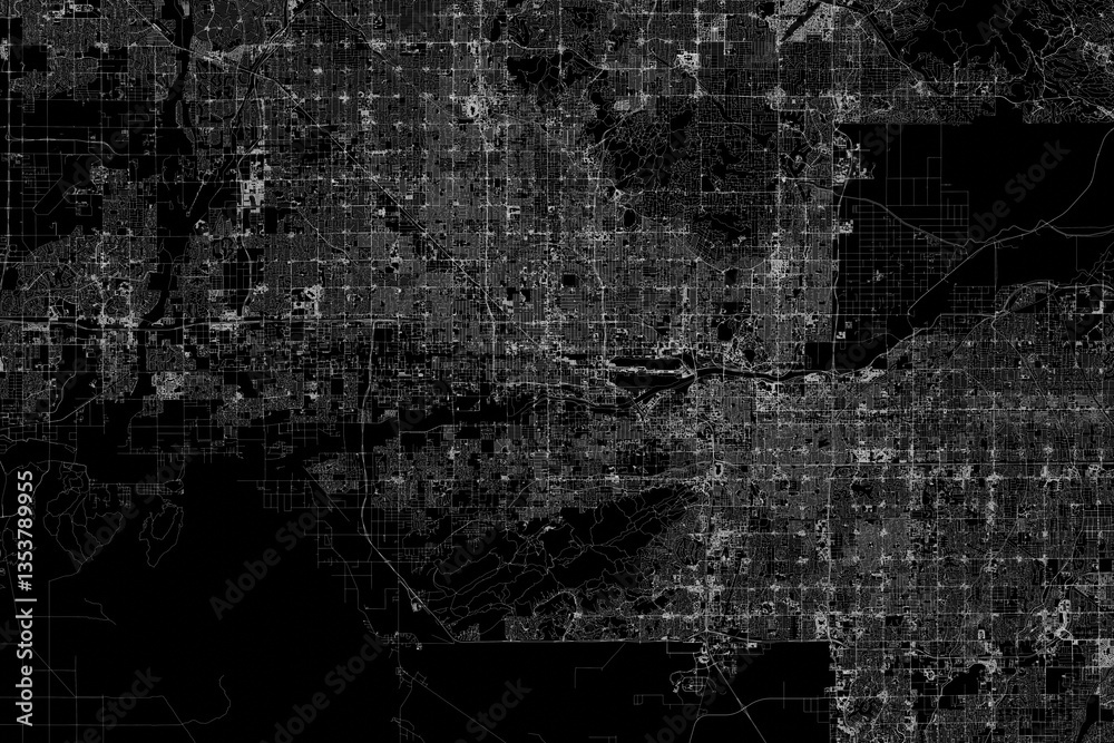Stylized map of the streets of Phoenix (Arizona, USA) made with white lines on black background. Top view. 3d render, illustration