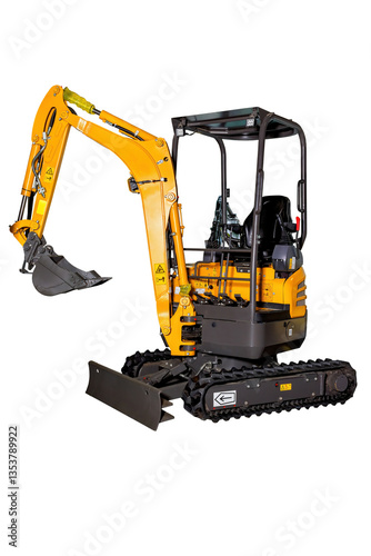 Obraz na płótnie Compact excavator ready for urban construction tasks in a sunlit environment w salonie