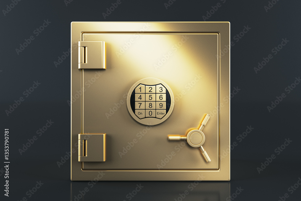 Golden safe vault with digital keypad and combination lock on dark background. Secure money deposit and finance protection concept. 3D Rendering
