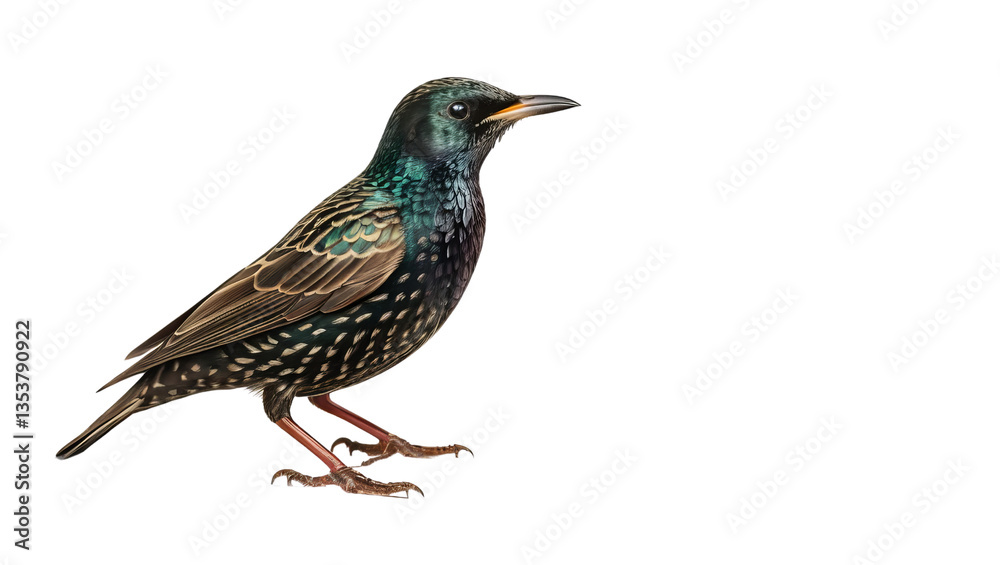 Fototapeta premium Colorful Starling Bird with Iridescent Feathers on a White Background