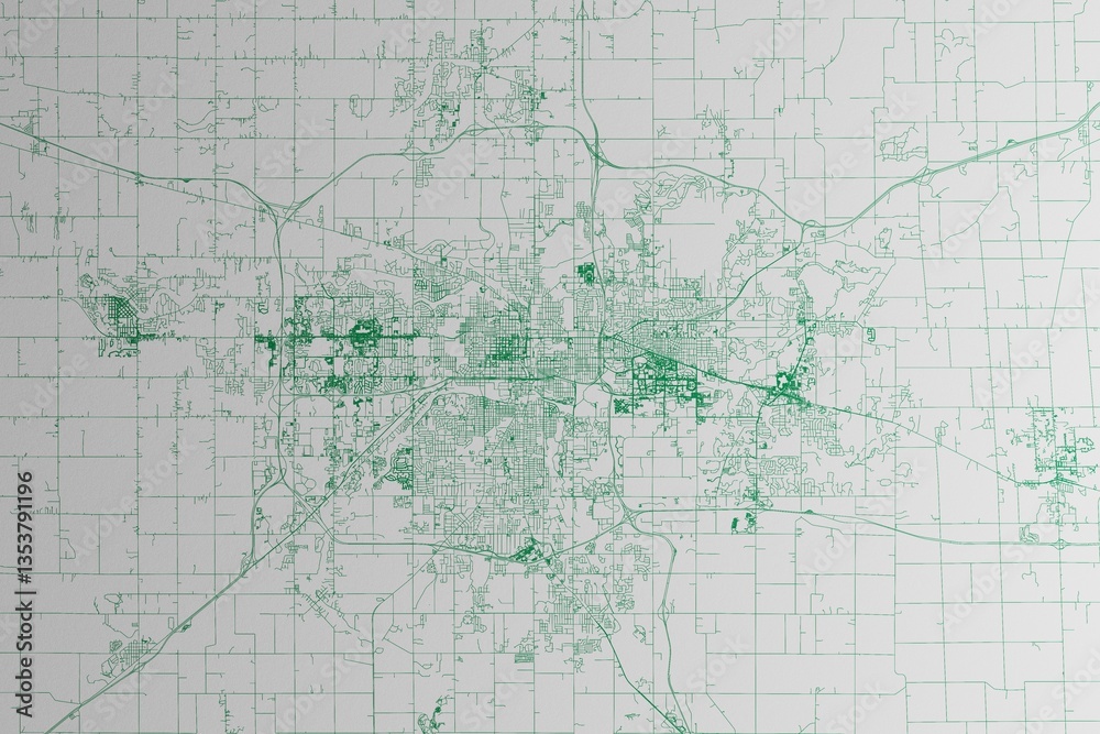 Fototapeta premium Map of the streets of Lansing (Michigan, USA) made with green lines on white paper. 3d render, illustration