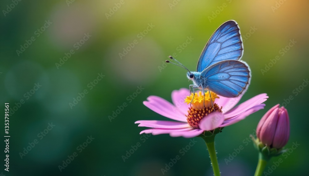 Naklejka premium Blue butterfly perched on a flower stem, flower, stem