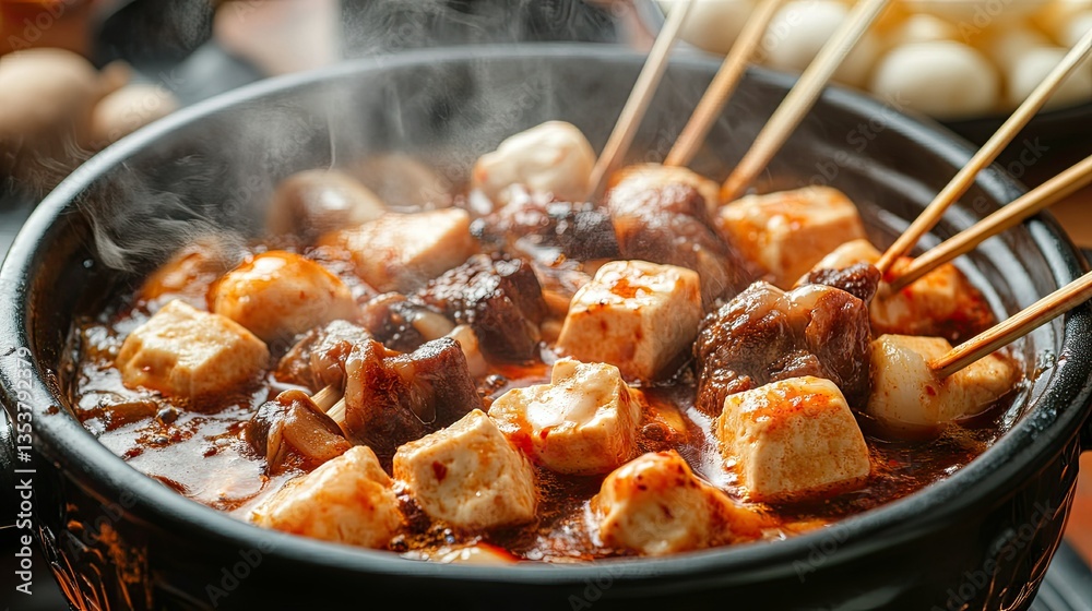 A steaming bowl of Mala Tang with skewers of tofu, mushrooms, and thinly sliced beef, drenched in rich chili broth. A steaming bowl of Mala Tang with skewers of tofu, mushrooms, and thinly sliced beef, drenched in rich chili broth.