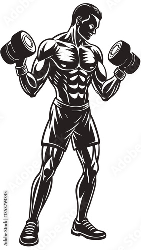 A muscular man is flexing his muscles in a black and white drawing