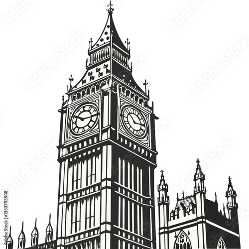 Vector Illustration of Big Ben, London, England. London travel content, history documentaries, UK tourism, cityscape artwork, time-related themes.