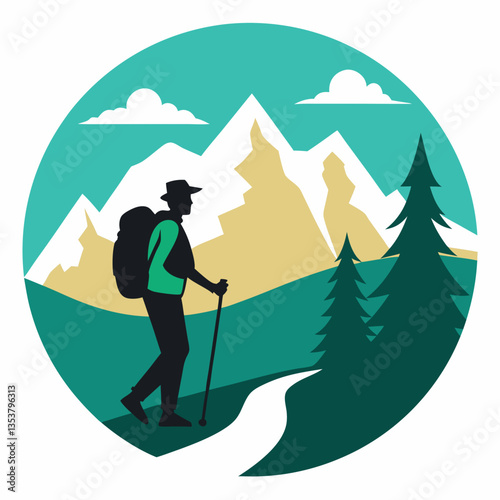 Hiker Silhouette on Mountain Trail - Outdoor Adventure Vector Art
