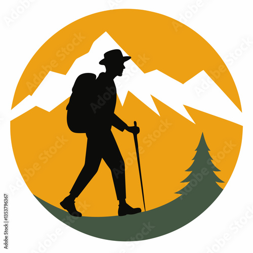 Hiker Silhouette on Mountain Trail - Outdoor Adventure Vector Art