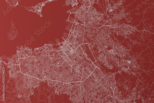 Map of the streets of Fukuoka (Japan) made with white lines on red background. Top view. 3d render, illustration