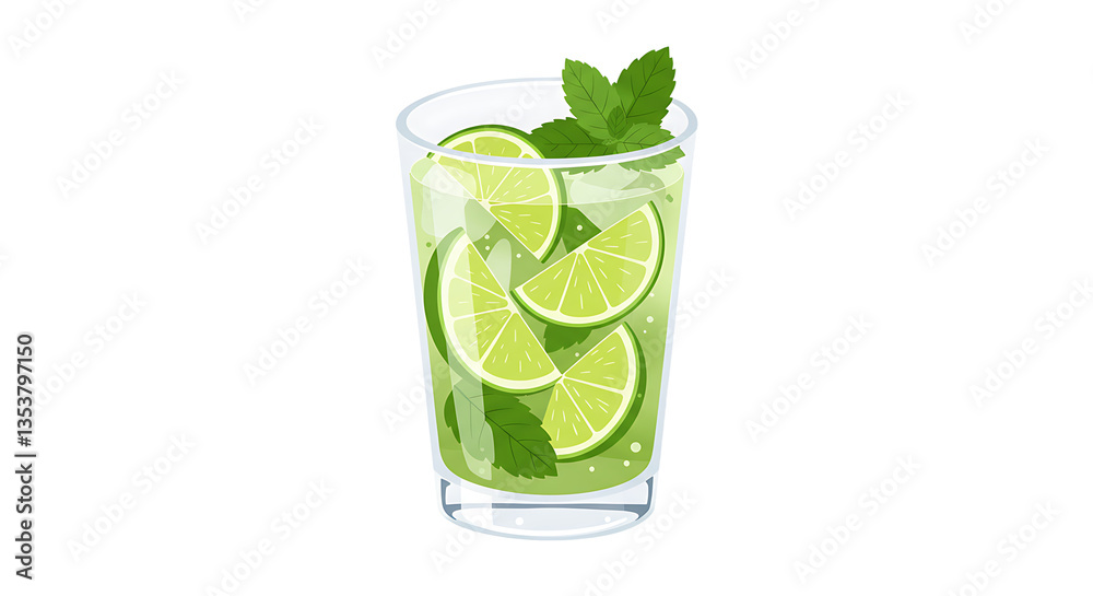 Refreshing Mojito Cocktail with Lime and Mint in Glass Illustration Refreshing Mojito Cocktail with Lime and Mint in Glass Illustration