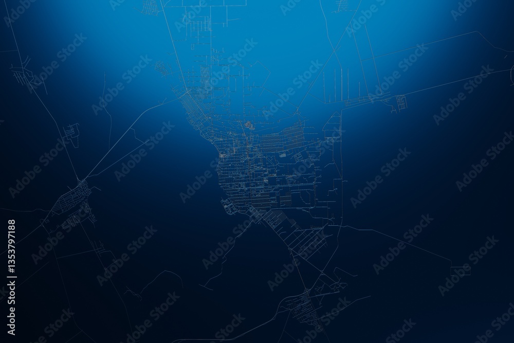 Street map of Pavlodar (Kazakhstan) engraved on blue metal background. View with light coming from top. 3d render, illustration