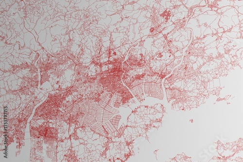 Obraz na płótnie Map of the streets of Okayama (Japan) made with red lines on white paper. 3d render, illustration w salonie