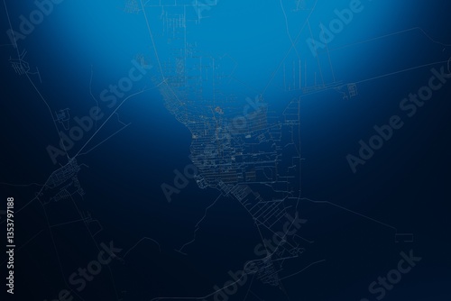 Street map of Pavlodar (Kazakhstan) engraved on blue metal background. View with light coming from top. 3d render, illustration