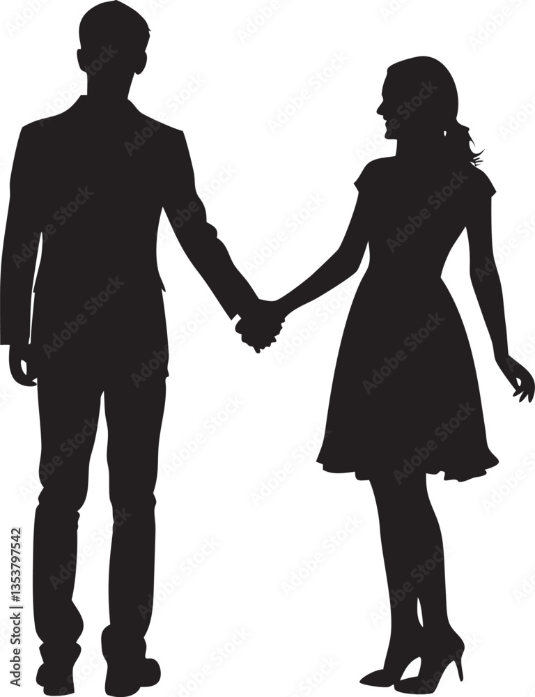 Silhouette of a man and woman walking hand in hand as a couple in business attire Silhouette of a man and woman walking hand in hand as a couple in business attire