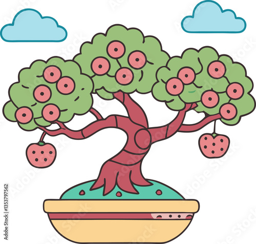 bonsai green fruit tree in pot with clouds, nature and growth concept