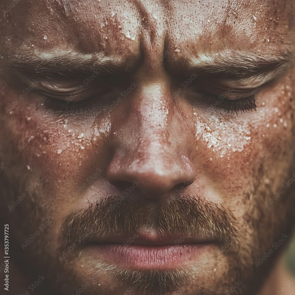 Fototapeta premium A close up portrait of a sweaty man with closed eyes