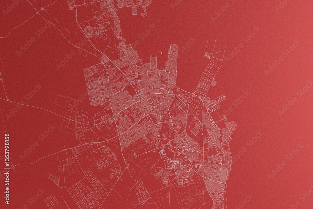 Map of the streets of Dammam (Saudi Arabia) made with white lines on red paper. Top view, rough background. 3d render, illustration