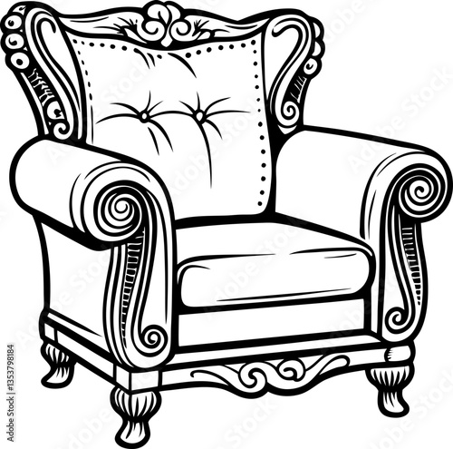 Vintage armchair illustration with ornate design and elegant detailing in monochrome