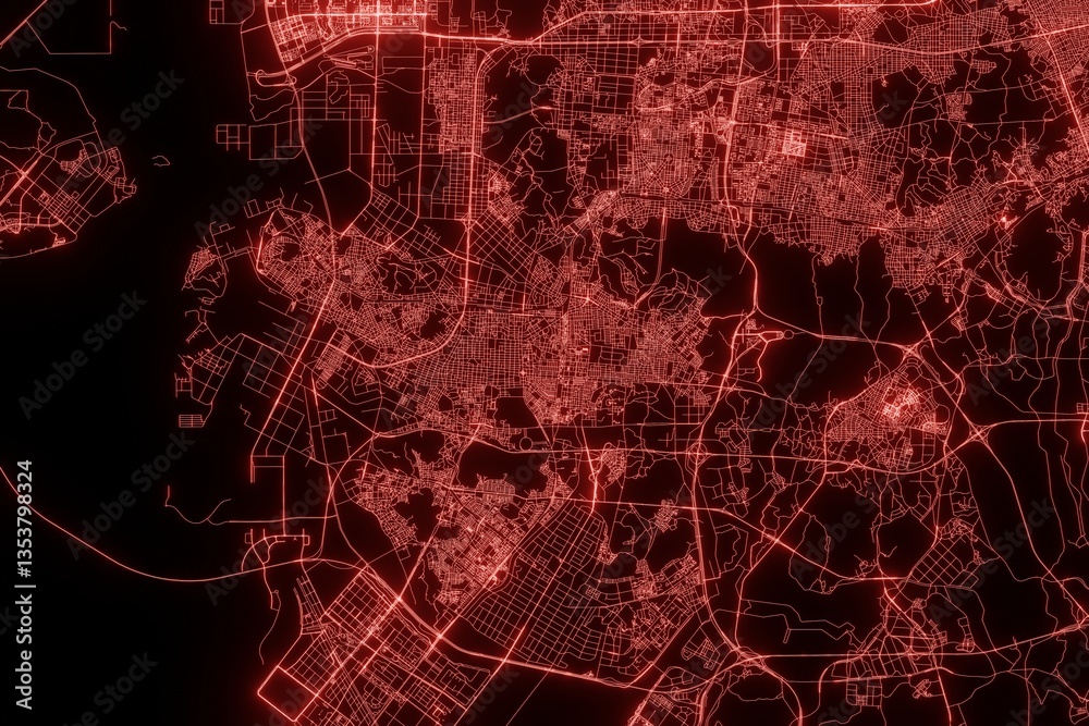 Street map of Incheon (South Korea) made with red illumination and glow effect. Top view on roads network. 3d render, illustration