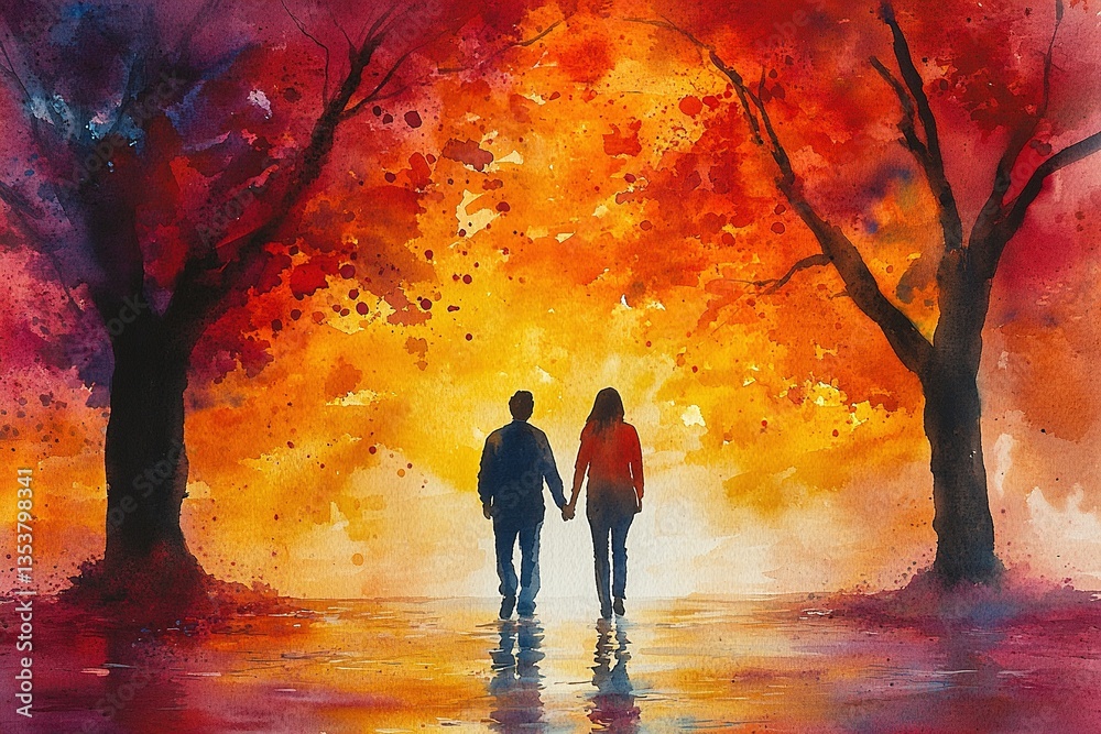 Couple walking hand-in-hand under trees with colorful leaves at sunset Couple walking hand-in-hand under trees with colorful leaves at sunset