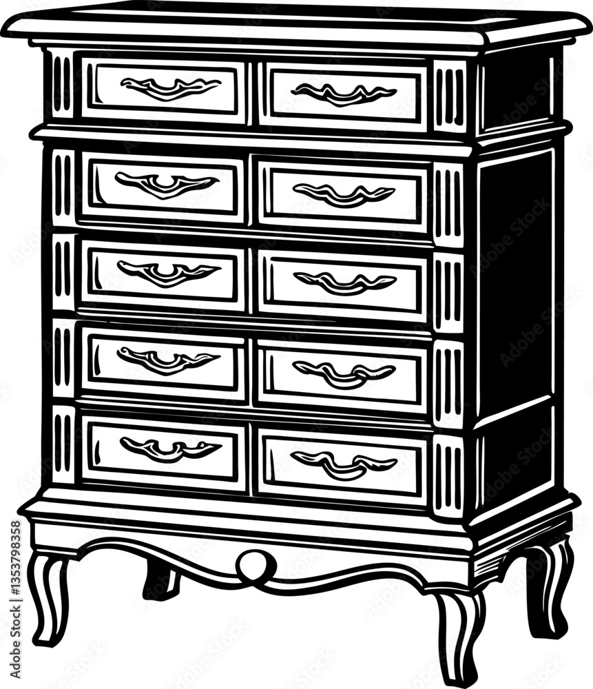 Elegant vintage wooden dresser with detailed drawer handles in classic design illustration