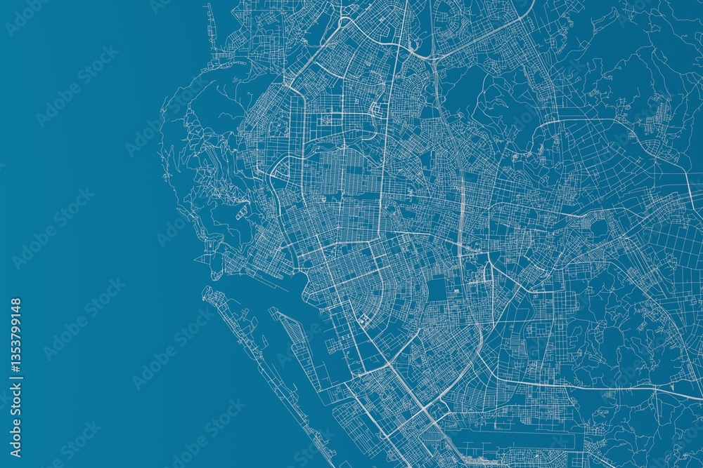 Map of the streets of Kaohsiung (Taiwan) made with white lines on blue background. 3d render, illustration