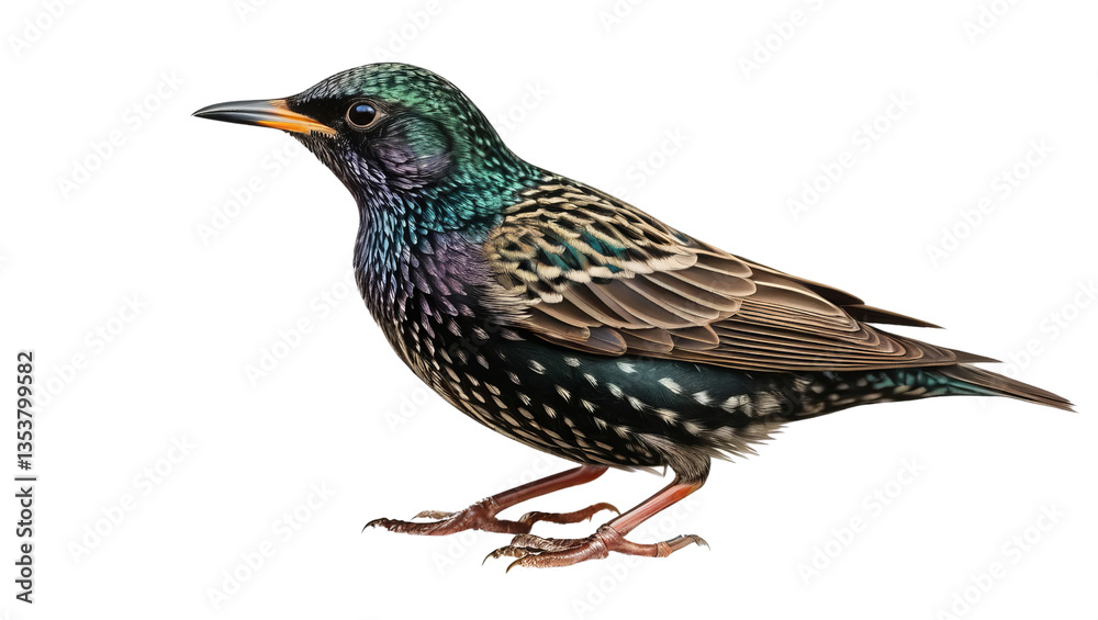 Fototapeta premium Colorful European Starling with Iridescent Feathers in Profile View