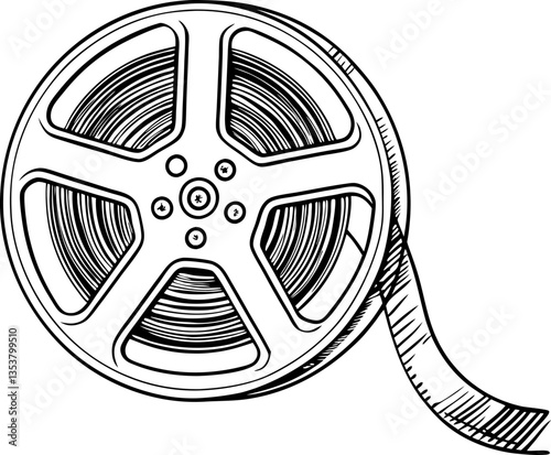 Vintage film reel illustration black and white sketch of classic cinema tape, movie industry symbol