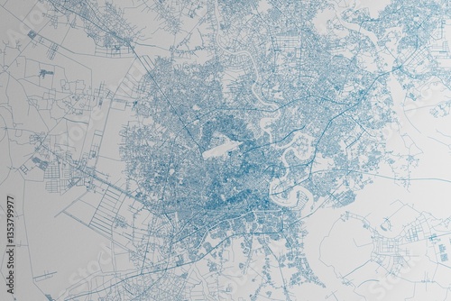 Map of the streets of Ho Chi Minh (Vietnam) made with blue lines on white paper. 3d render, illustration