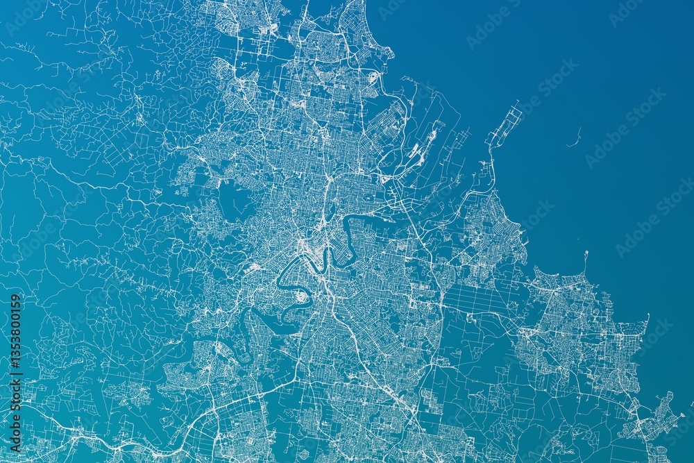 Map of the streets of Brisbane (Australia) made with white lines on greenish blue gradient background. 3d render, illustration