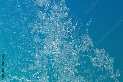 Obraz na płótnie Map of the streets of Brisbane (Australia) made with white lines on greenish blue gradient background. 3d render, illustration w salonie