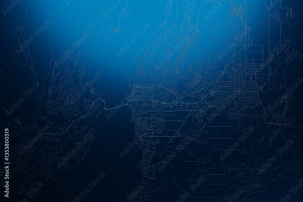 Street map of Kelowna (Canada) engraved on blue metal background. View with light coming from top. 3d render, illustration