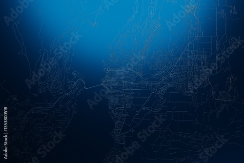 Obraz na płótnie Street map of Kelowna (Canada) engraved on blue metal background. View with light coming from top. 3d render, illustration w salonie