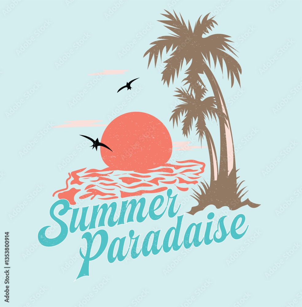 Naklejka premium Summer Vibes beach artwork. big waves under the sunset. summer t-shirt design. summer paradise stylish t-shirt and apparel trendy design with palm trees silhouettes, typography, print, vector illustr