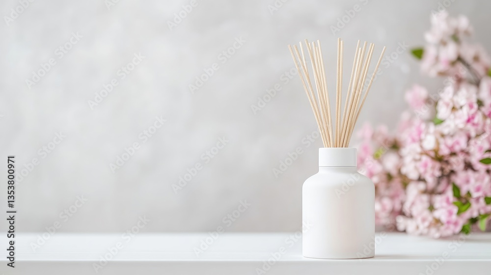 White diffuser with wooden sticks, floral background White diffuser with wooden sticks, floral background