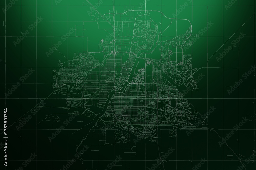 Street map of Saskatoon (Canada) engraved on green metal background. Light is coming from top. 3d render, illustration