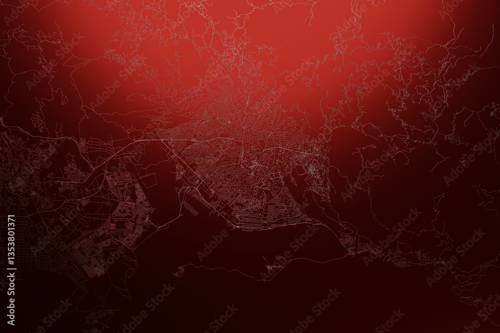 Street map of Kingston (Jamaica) engraved on red metal background. Light is coming from top. 3d render, illustration